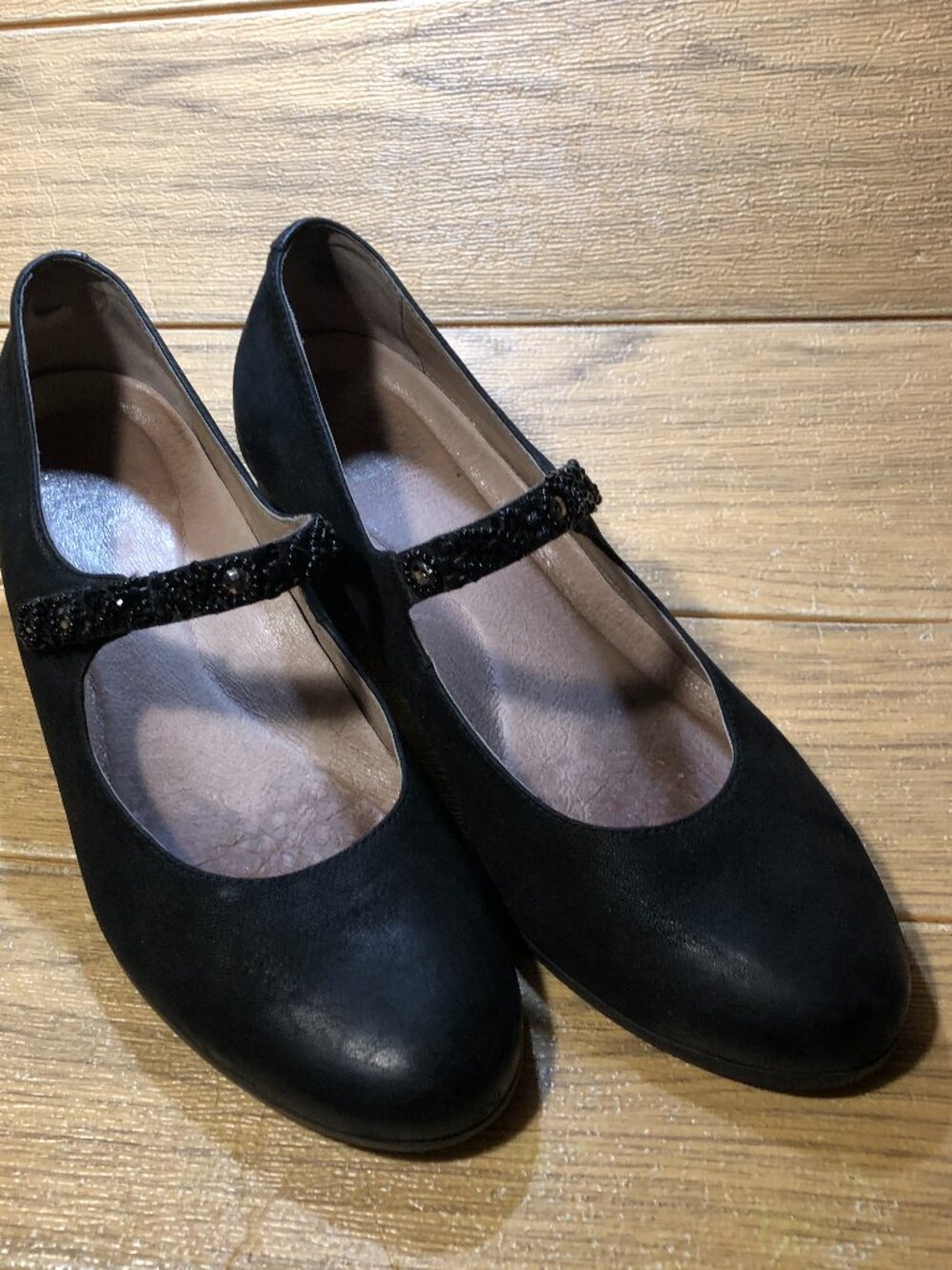 Dansko women heeled black Mary Jane, cross strap bead-embellished, dressy, dist